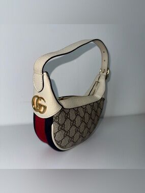 Gucci Ophidia  - Beige Supreme Shoulder Bag with Red & Blue stipe